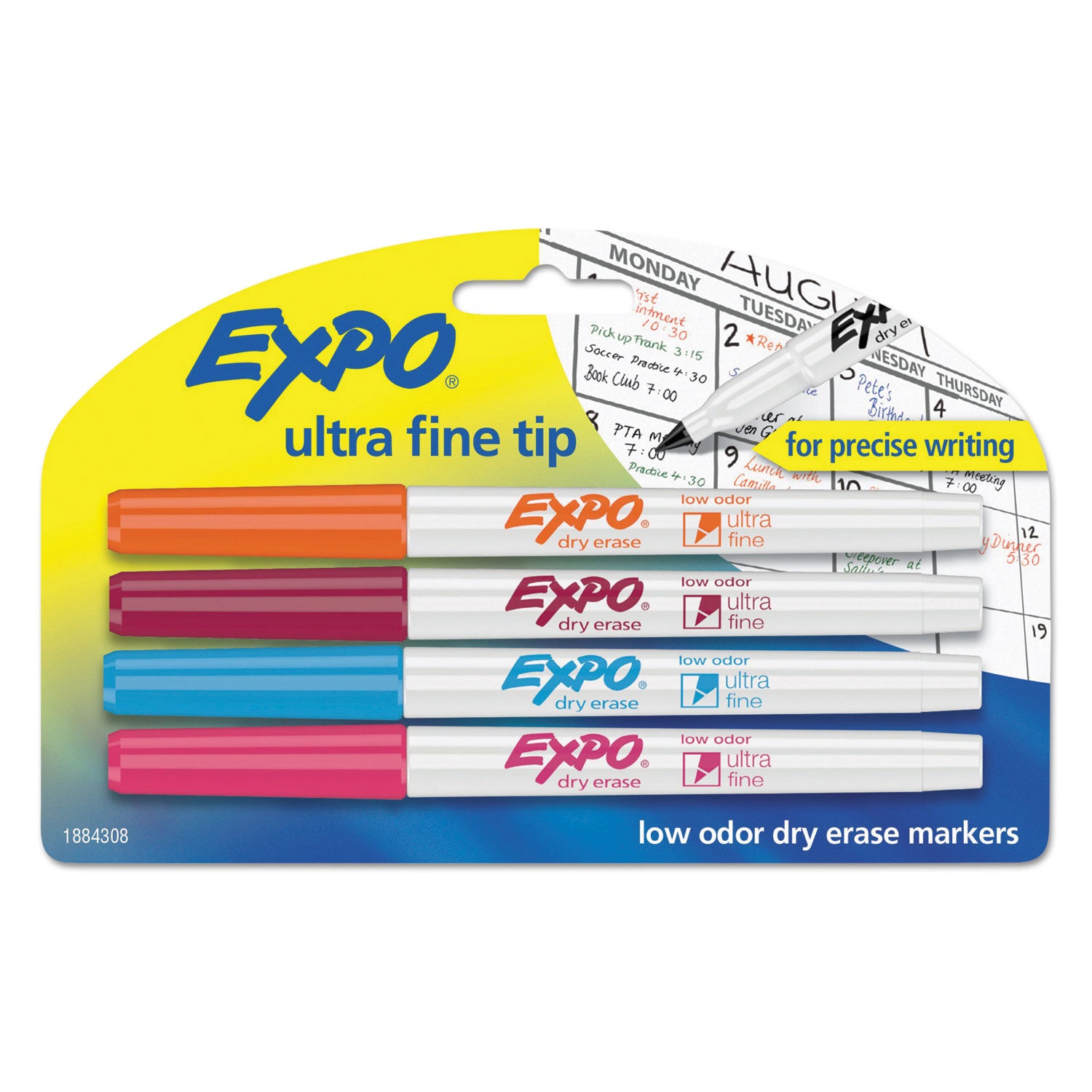 Low-Odor Dry-Erase Marker, Extra-Fine Bullet Tip, Assorted Colors, 4/Set -