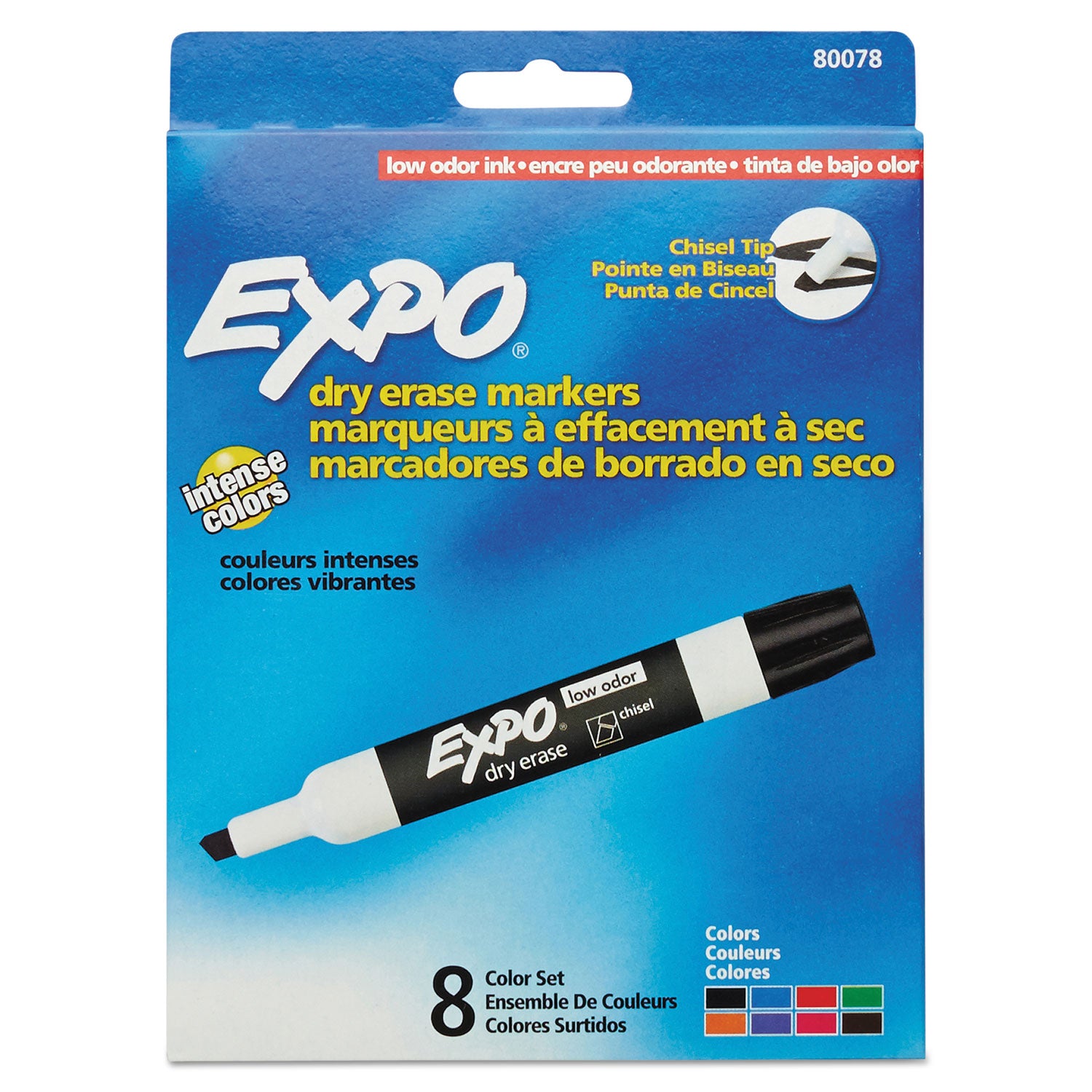 Low-Odor Dry-Erase Marker, Broad Chisel Tip, Assorted Colors, 8/Set -