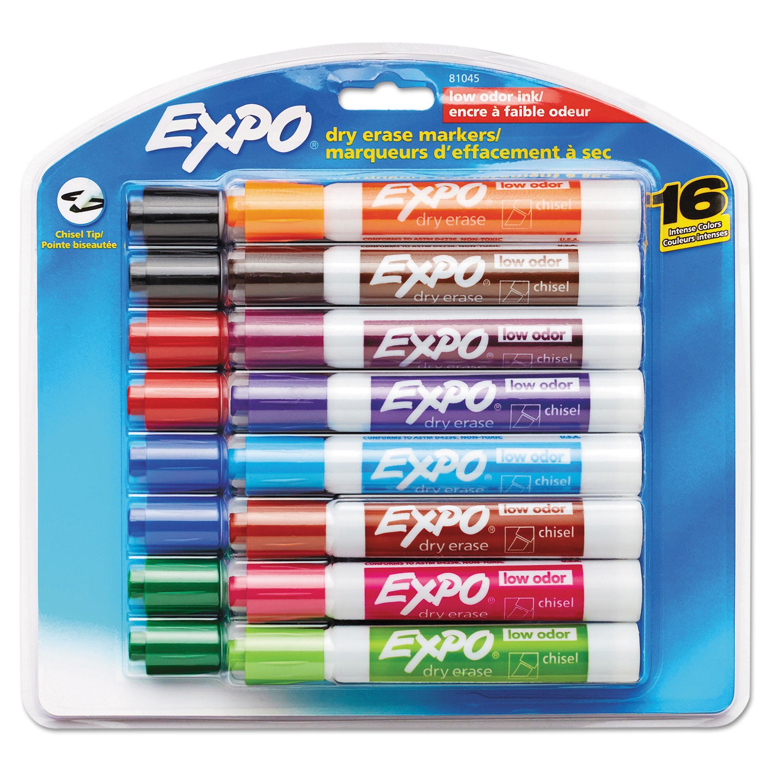 Low-Odor Dry-Erase Marker, Broad Chisel Tip, Assorted Colors, 16/Set -