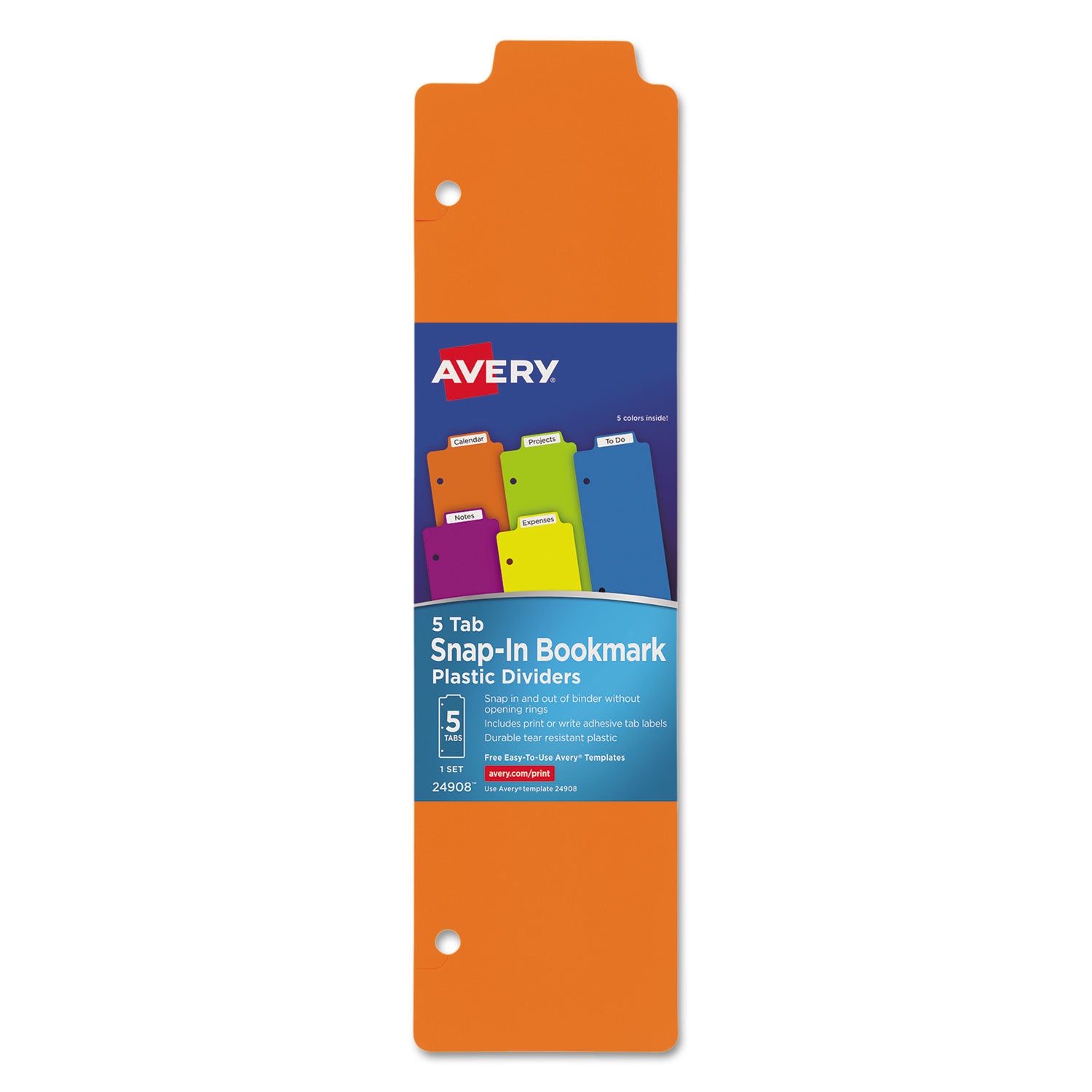 Tabbed Snap-In Bookmark Plastic Dividers, 5-Tab, 11.5 x 3, Assorted, 1 Set -