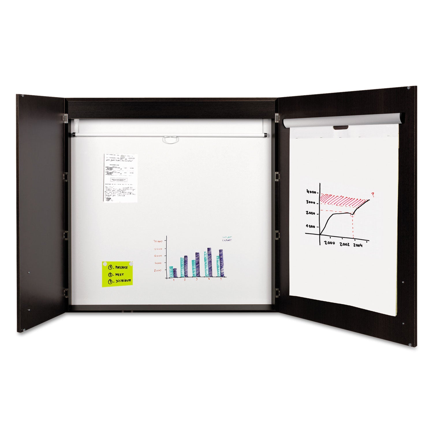 Conference Cabinet, Porcelain Magnetic Dry Erase Board, 48 x 48, White Surface, Ebony Wood Frame -