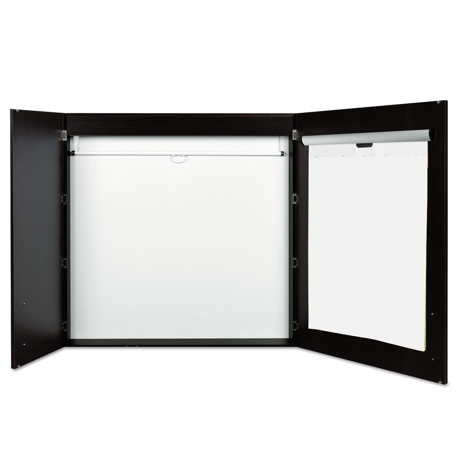 Conference Cabinet, Porcelain Magnetic Dry Erase Board, 48 x 48, White Surface, Ebony Wood Frame -