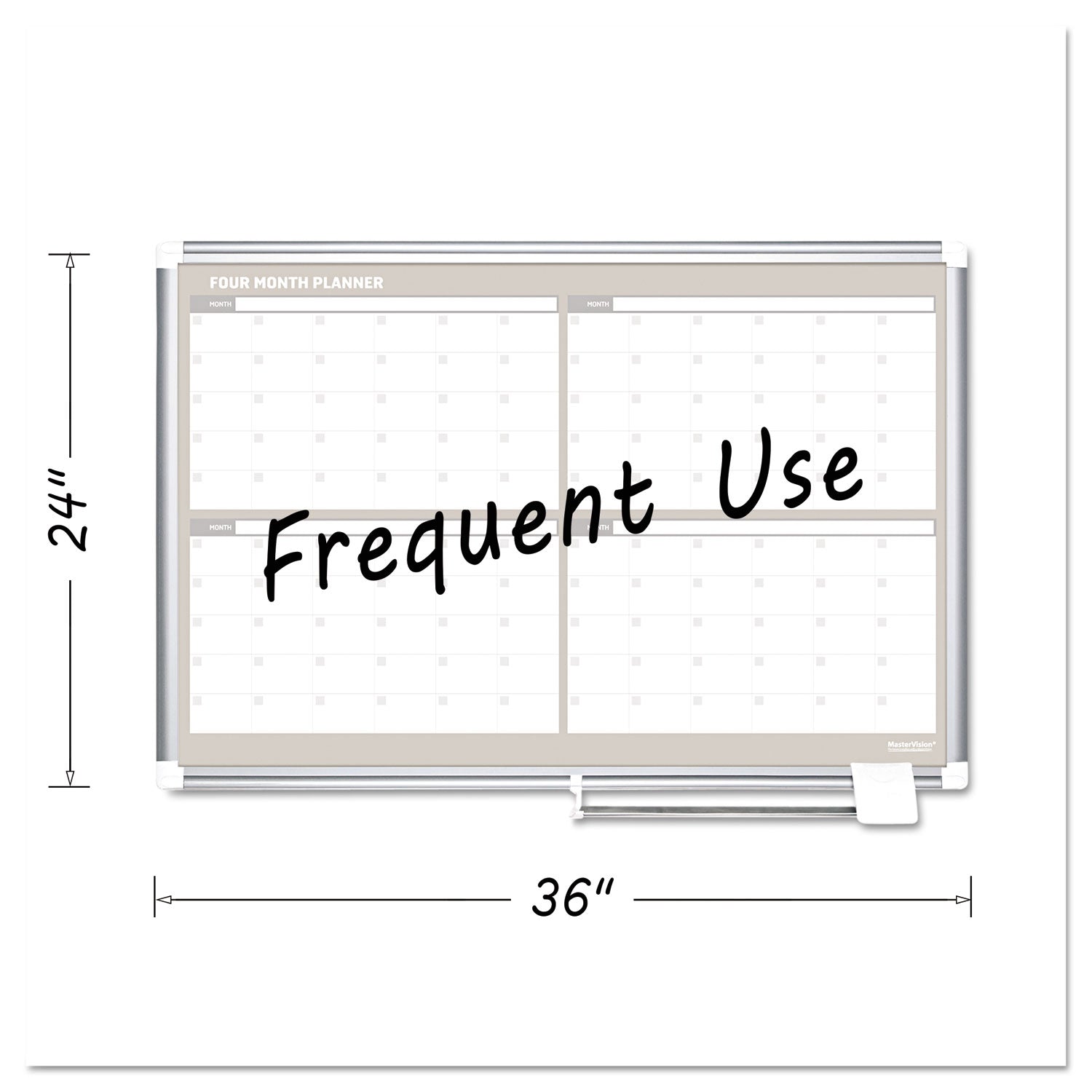 Magnetic Dry Erase Calendar Board, Four Month, 36 x 24, White Surface, Silver Aluminum Frame -