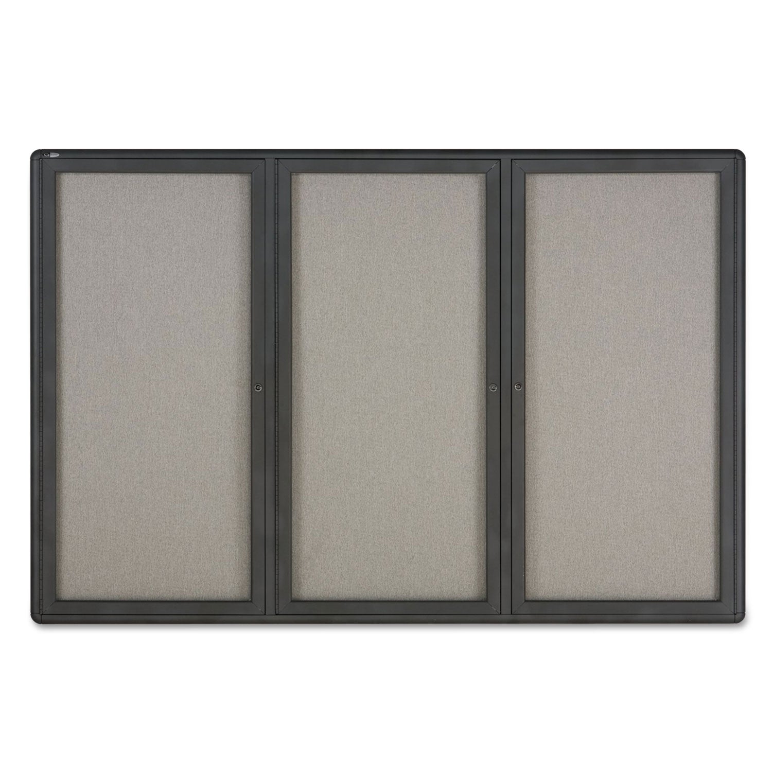 Enclosed Indoor Fabric Bulletin Board with Three Hinged Doors, 72 x 48, Gray Surface, Graphite Aluminum Frame -