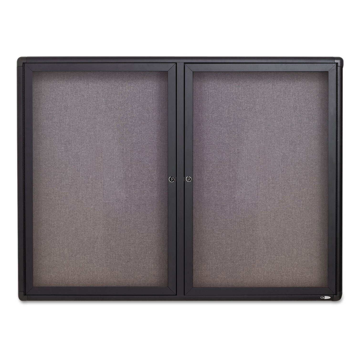 Enclosed Indoor Fabric Bulletin Board with Two Hinged Doors, 48 x 36, Gray Surface, Graphite Aluminum Frame -