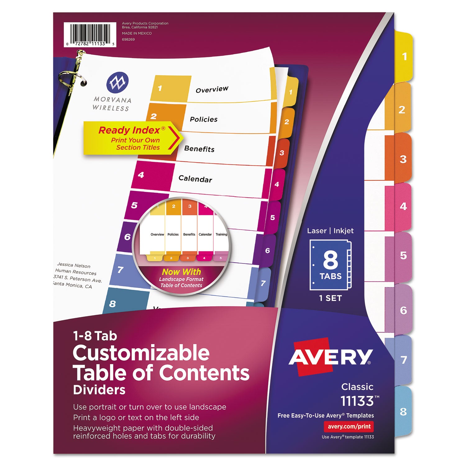 Customizable TOC Ready Index Multicolor Tab Dividers, 8-Tab, 1 to 8, 11 x 8.5, White, Traditional Color Tabs, 1 Set -