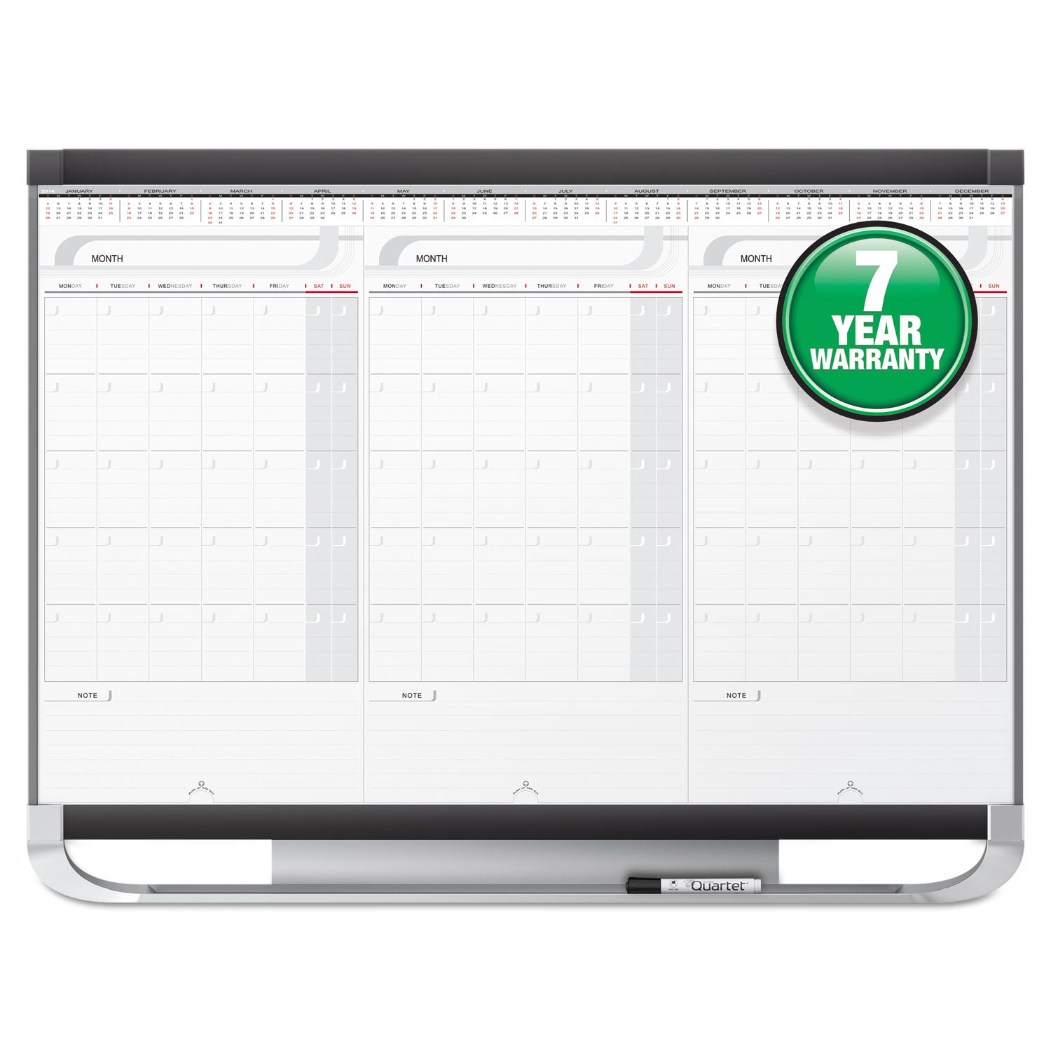 Prestige 2 Total Erase Three-Month Calendar, 36 x 24, White Surface, Graphite Fiberboard/Plastic Frame -