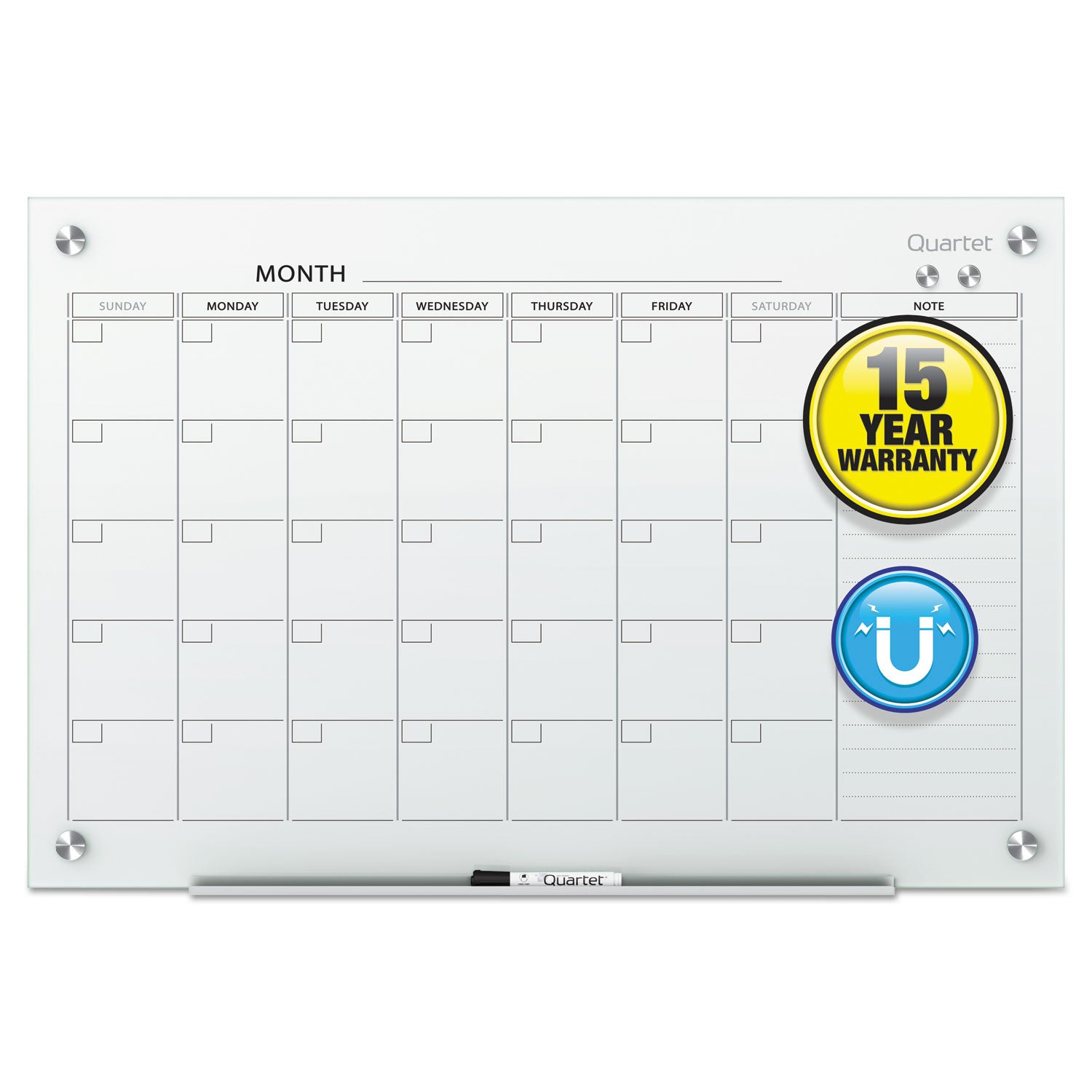 Infinity Magnetic Glass Calendar Board, One Month, 48 x 36, White Surface -