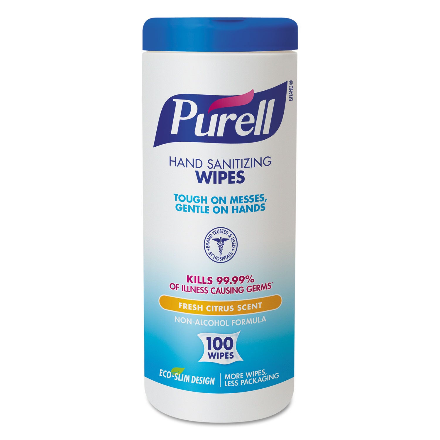 Premoistened Hand Sanitizing Wipes, Cloth, 5.75 x 7, Fresh Citrus, White, 100/Canister -