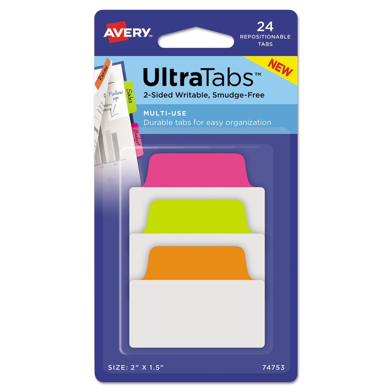 Ultra Tabs Repositionable Tabs, Standard: 2" x 1.5", 1/5-Cut, Assorted Neon Colors, 24/Pack -