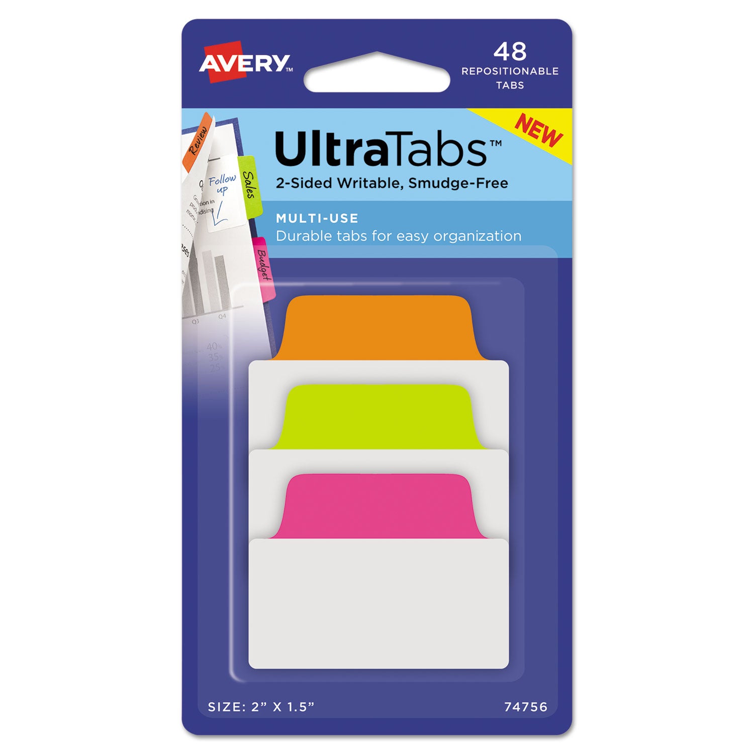 Ultra Tabs Repositionable Tabs, Standard: 2" x 1.5", 1/5-Cut, Assorted Neon Colors, 48/Pack -