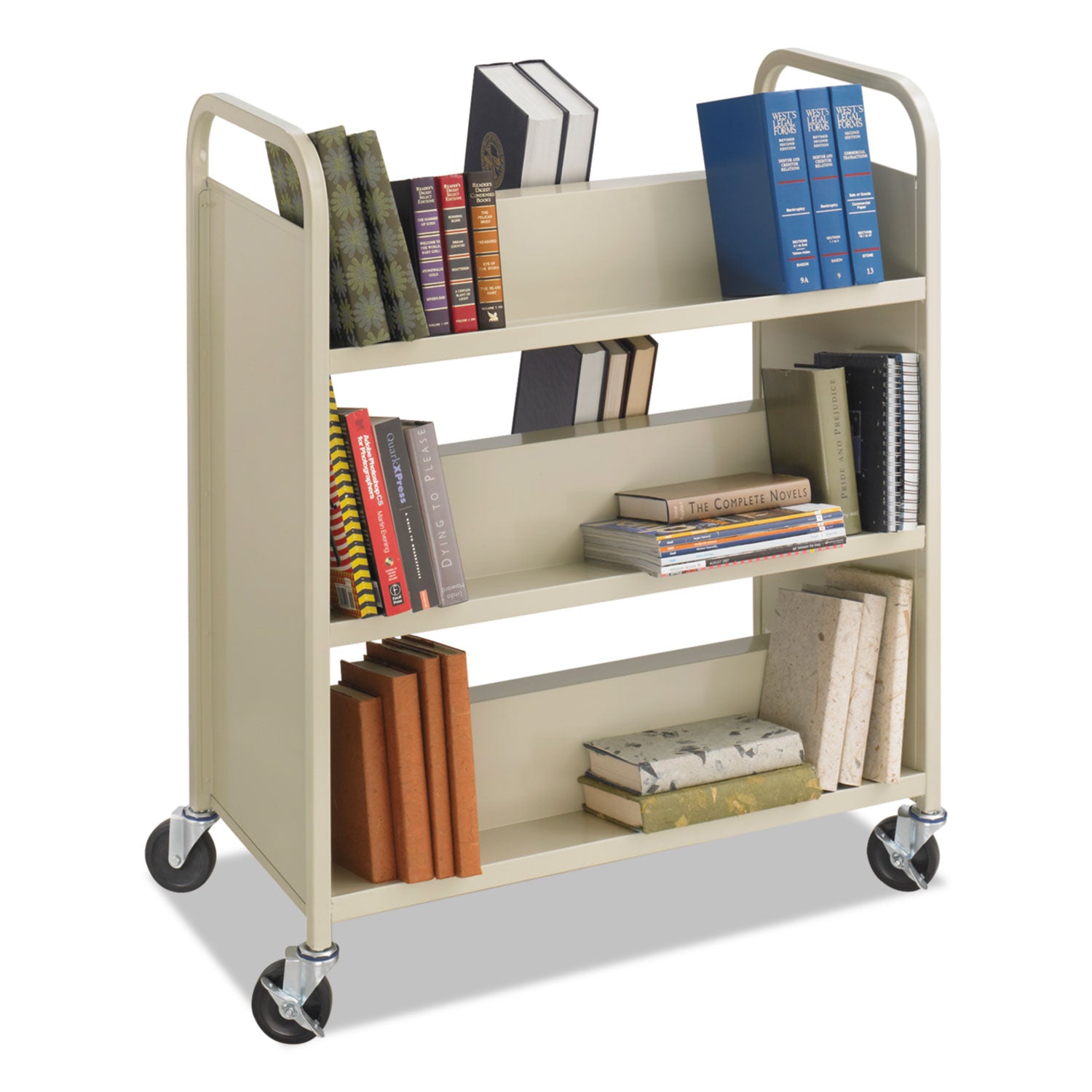 Steel Double-Sided Book Cart, Metal, 6 Shelves, 300 lb Capacity, 36" x 18.5" x 43.5", Sand -