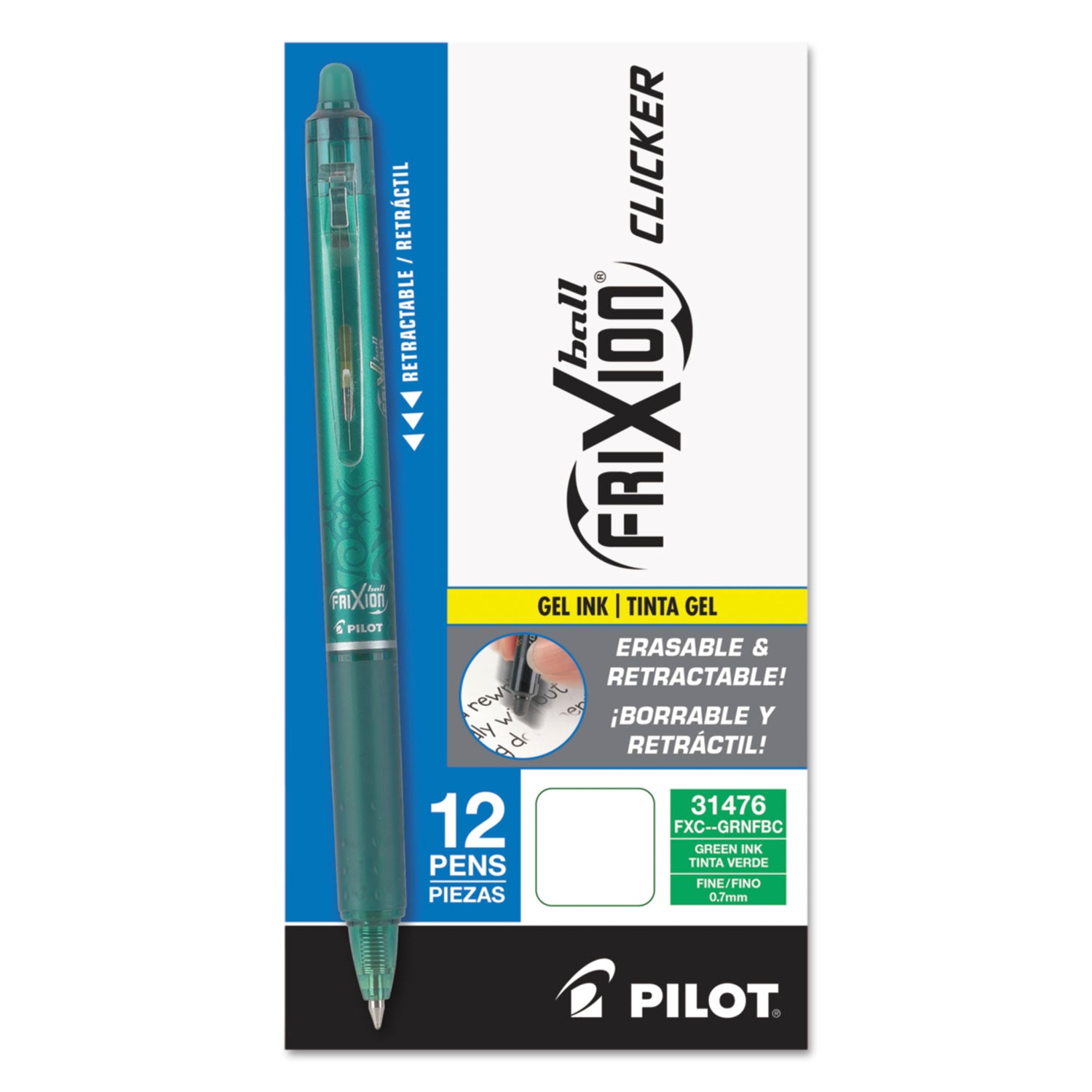 FriXion Clicker Erasable Gel Pen, Retractable, Fine 0.7 mm, Green Ink, Green Barrel, Dozen -