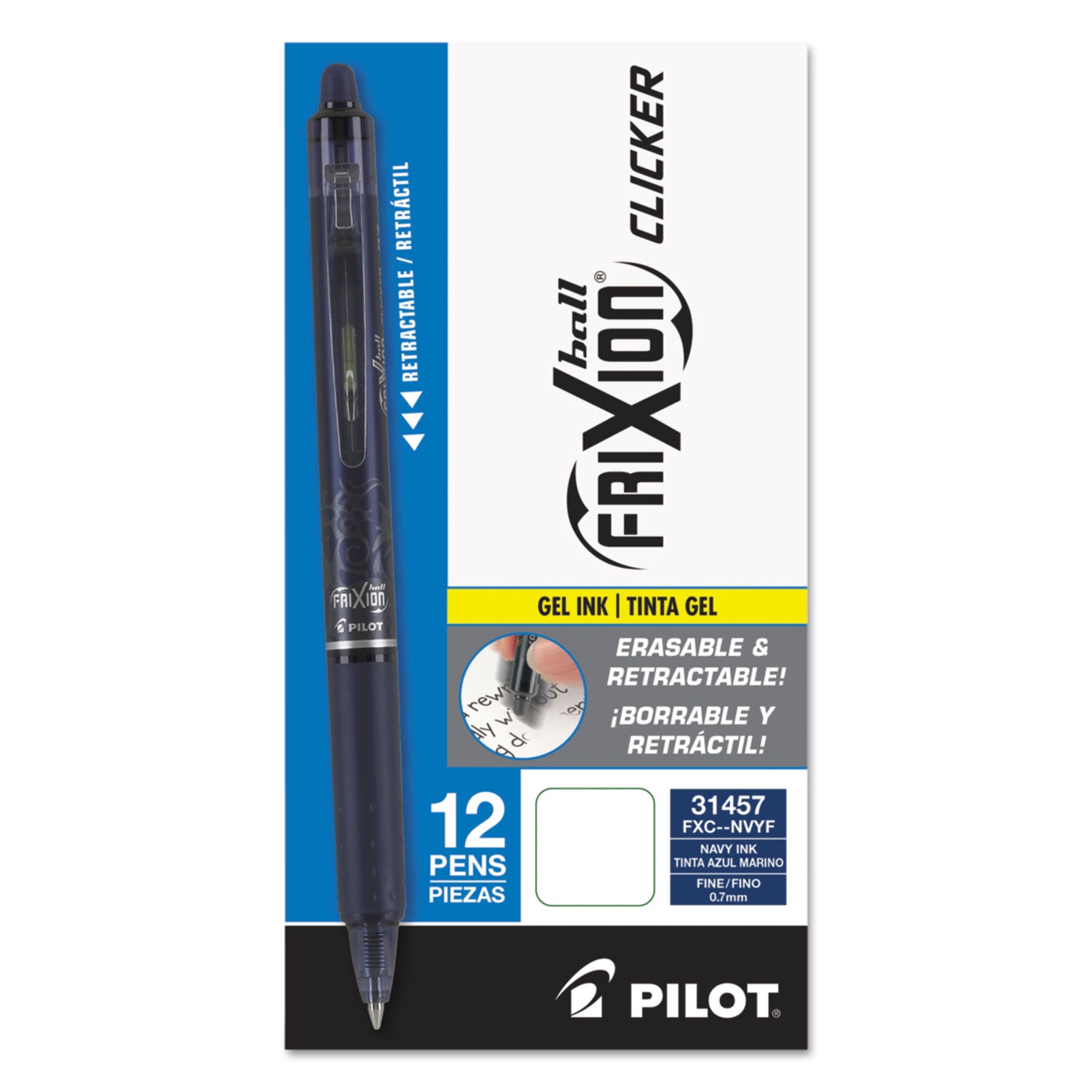 FriXion Clicker Erasable Gel Pen, Retractable, Fine 0.7 mm, Navy Ink, Navy Barrel -