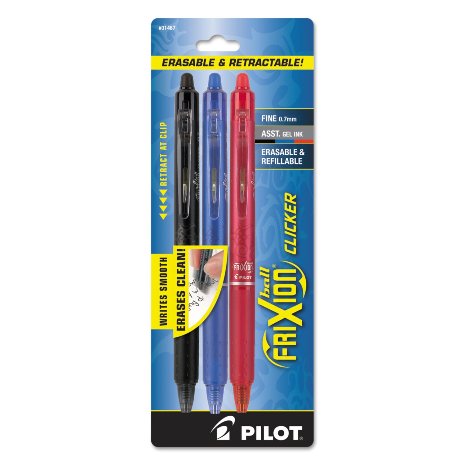 FriXion Clicker Erasable Gel Pen, Retractable, Fine 0.7 mm, Three Assorted Business Ink and Barrel Colors, 3/Pack -