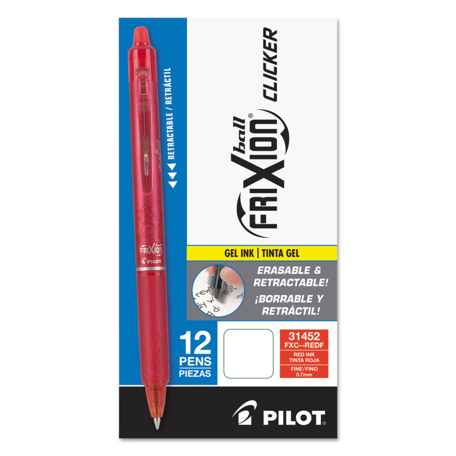 FriXion Clicker Erasable Gel Pen, Retractable, Fine 0.7 mm, Red Ink, Red Barrel -