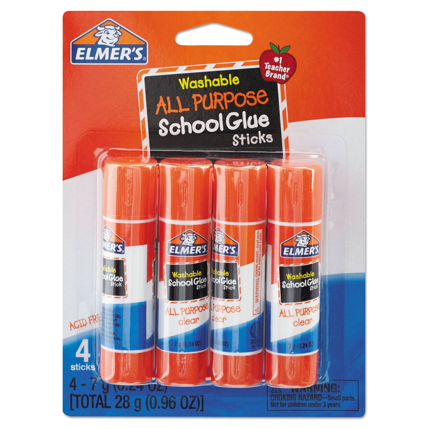 Washable School Glue Sticks, 0.24 oz, Applies and Dries Clear, 4/Pack -