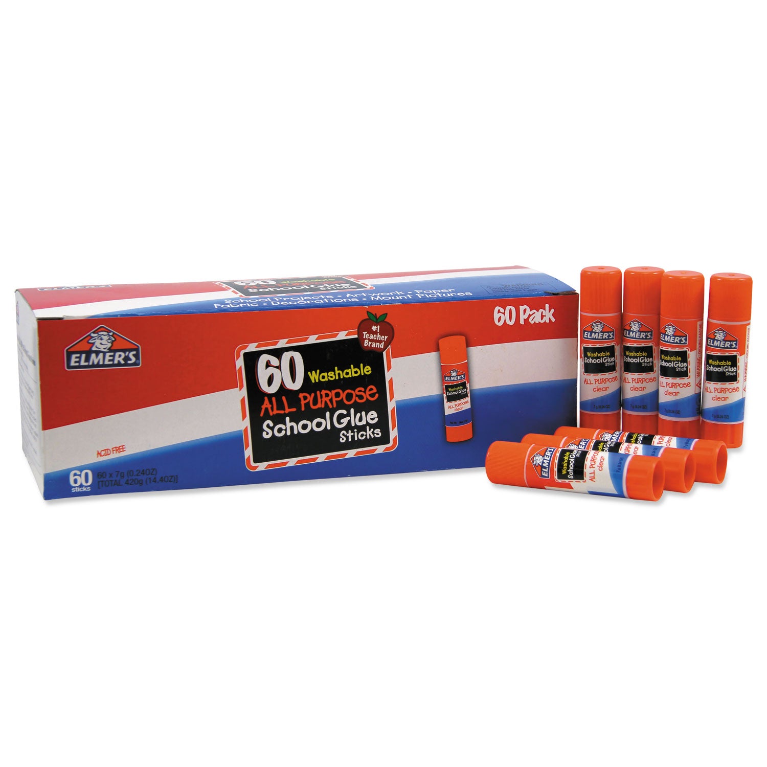 Washable School Glue Sticks, 0.24 oz, Applies and Dries Clear, 60/Box -
