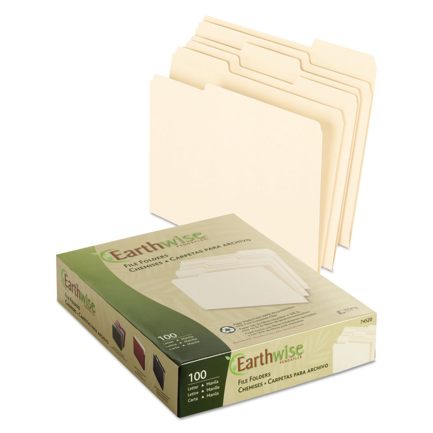 Earthwise by Pendaflex 100% Recycled Manila File Folder, 1/3-Cut Tabs: Assorted, Letter, 0.75" Expansion, Manila, 100/Box -