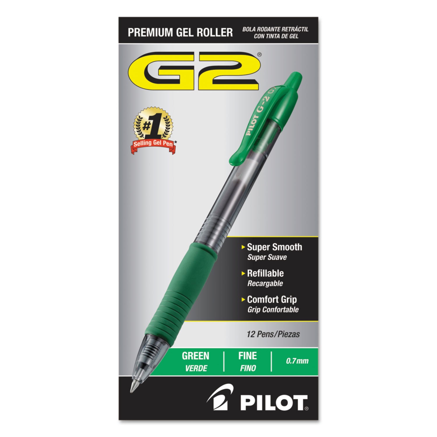 G2 Premium Gel Pen, Retractable, Fine 0.7 mm, Green Ink, Smoke/Green Barrel, Dozen -