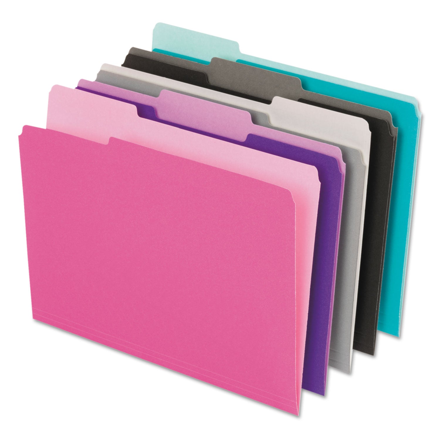 Interior File Folders, 1/3-Cut Tabs: Assorted, Letter Size, Assorted Colors: Aqua/Black/Gray/Pink/Violet, 100/Box -