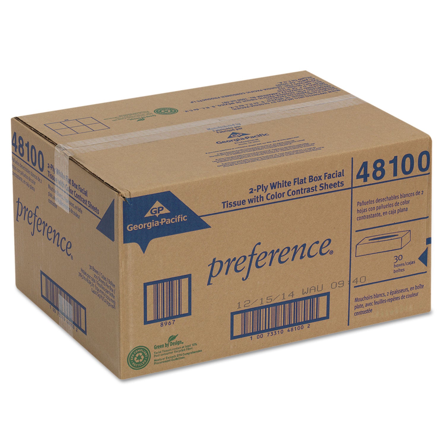 Pacific Blue Select Facial Tissue, 2-Ply, White, Flat Box, 100 Sheets/Box, 30 Boxes/Carton -