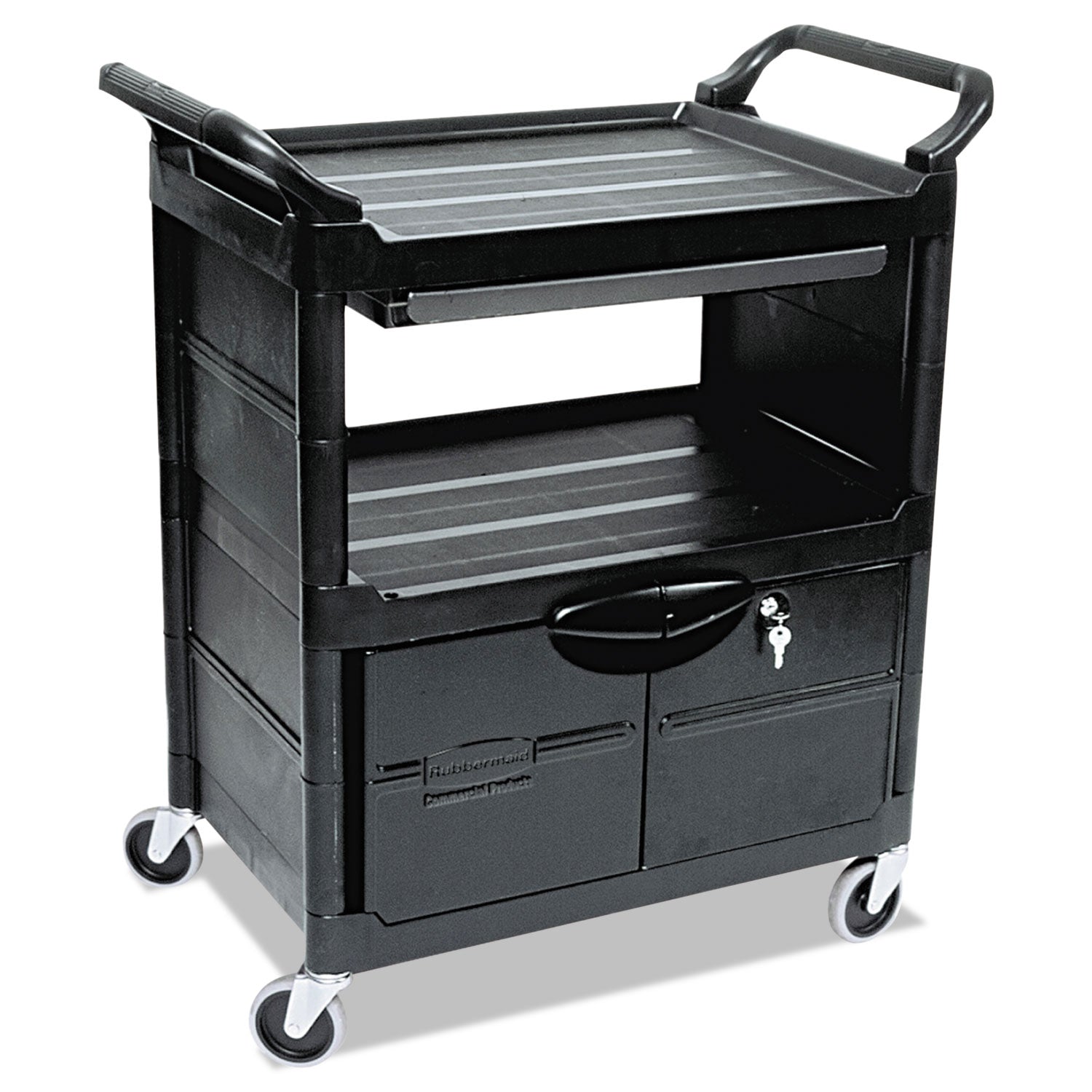 Utility Cart with Locking Doors, Plastic, 3 Shelves, 200 lb Capacity, 33.63" x 18.63" x 37.75", Black -