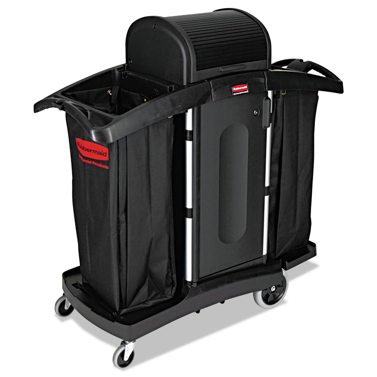 High-Security Housekeeping Cart, Plastic, 3 Shelves, 2 Bins, 22" x 51.75" x 53.5", Black/Silver -