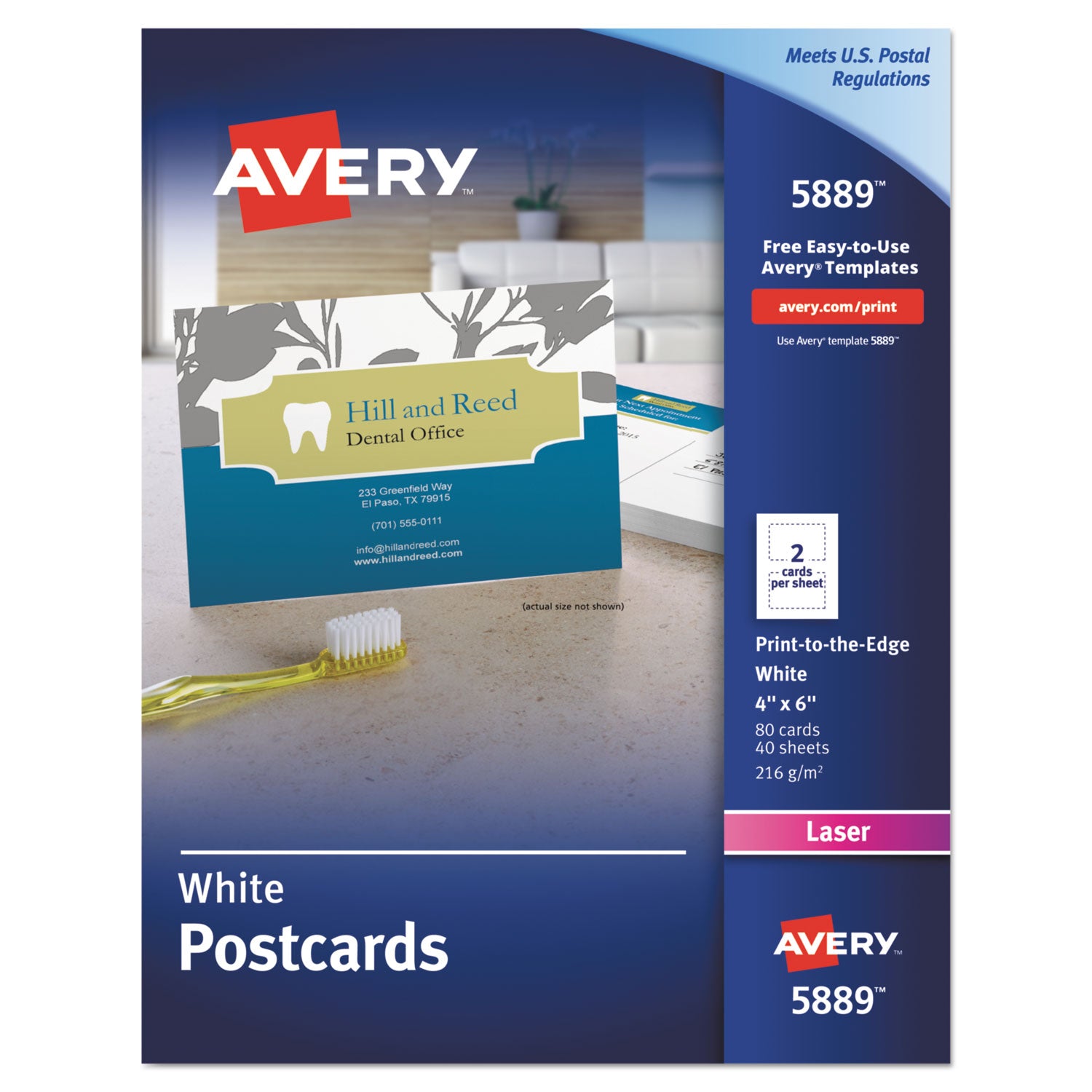 Printable Postcards, Laser, 80 lb, 4 x 6, Uncoated White, 80 Cards, 2 Cards/Sheet, 40 Sheets/Box -