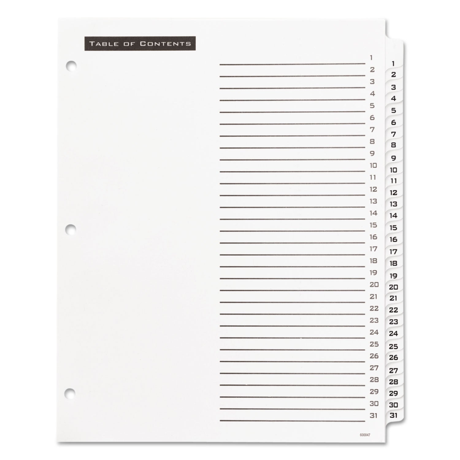 Table 'n Tabs Dividers, 31-Tab, 1 to 31, 11 x 8.5, White, White Tabs, 1 Set -