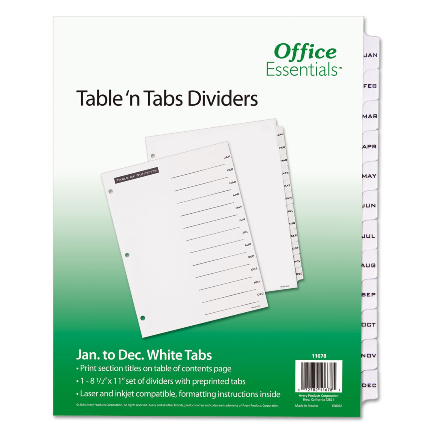 Table 'n Tabs Dividers, 12-Tab, Jan. to Dec., 11 x 8.5, White, White Tabs, 1 Set -