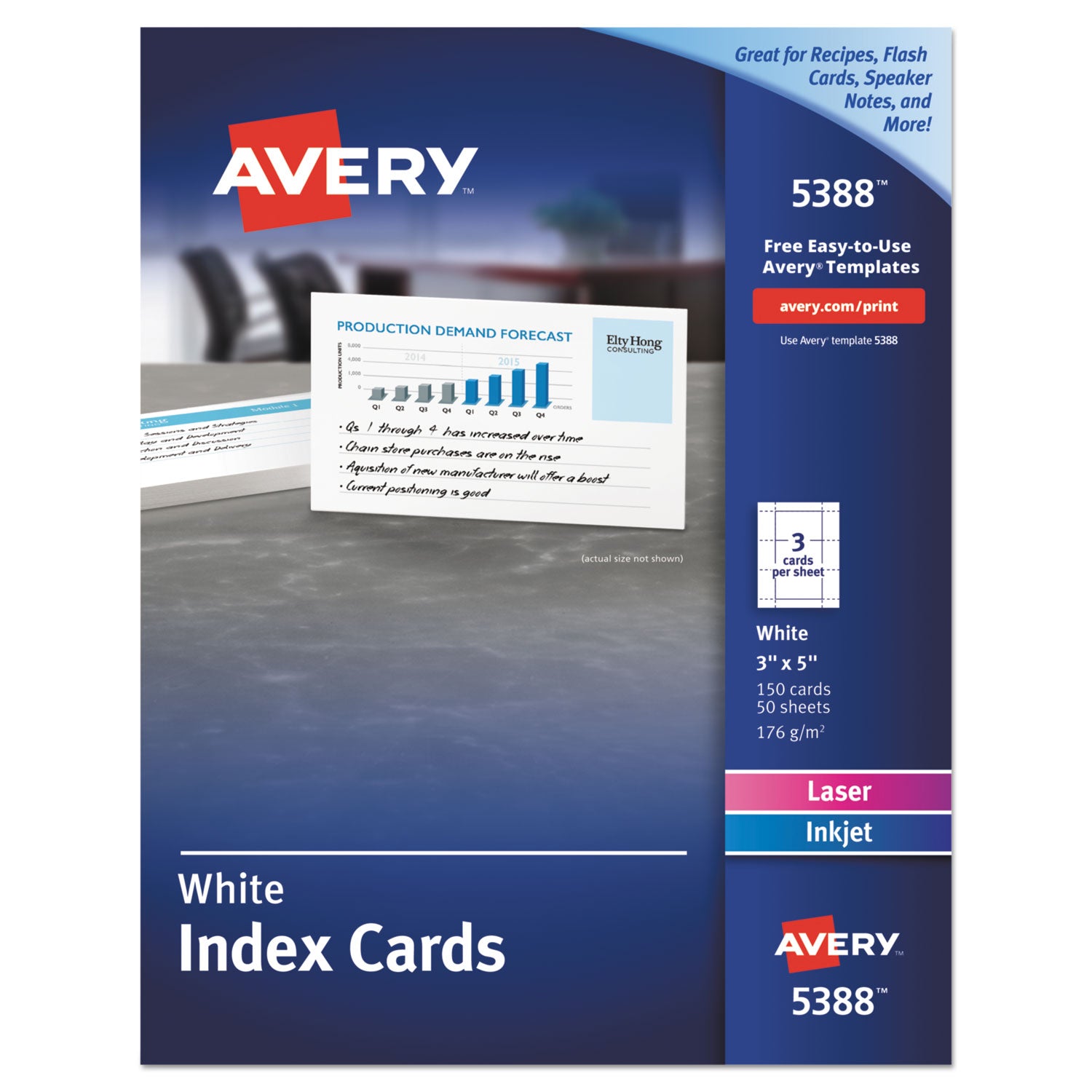 Printable Index Cards with Sure Feed, Unruled, Inkjet/Laser, 3 x 5, White, 150 Cards, 3 Cards/Sheet, 50 Sheets/Box -