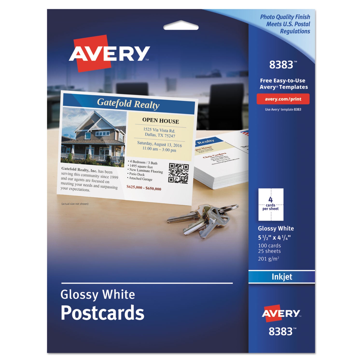 Photo-Quality Printable Postcards, Inkjet, 74 lb, 4.25 x 5.5, Glossy White, 100 Cards, 4 Cards/Sheet, 25 Sheets/Pack -