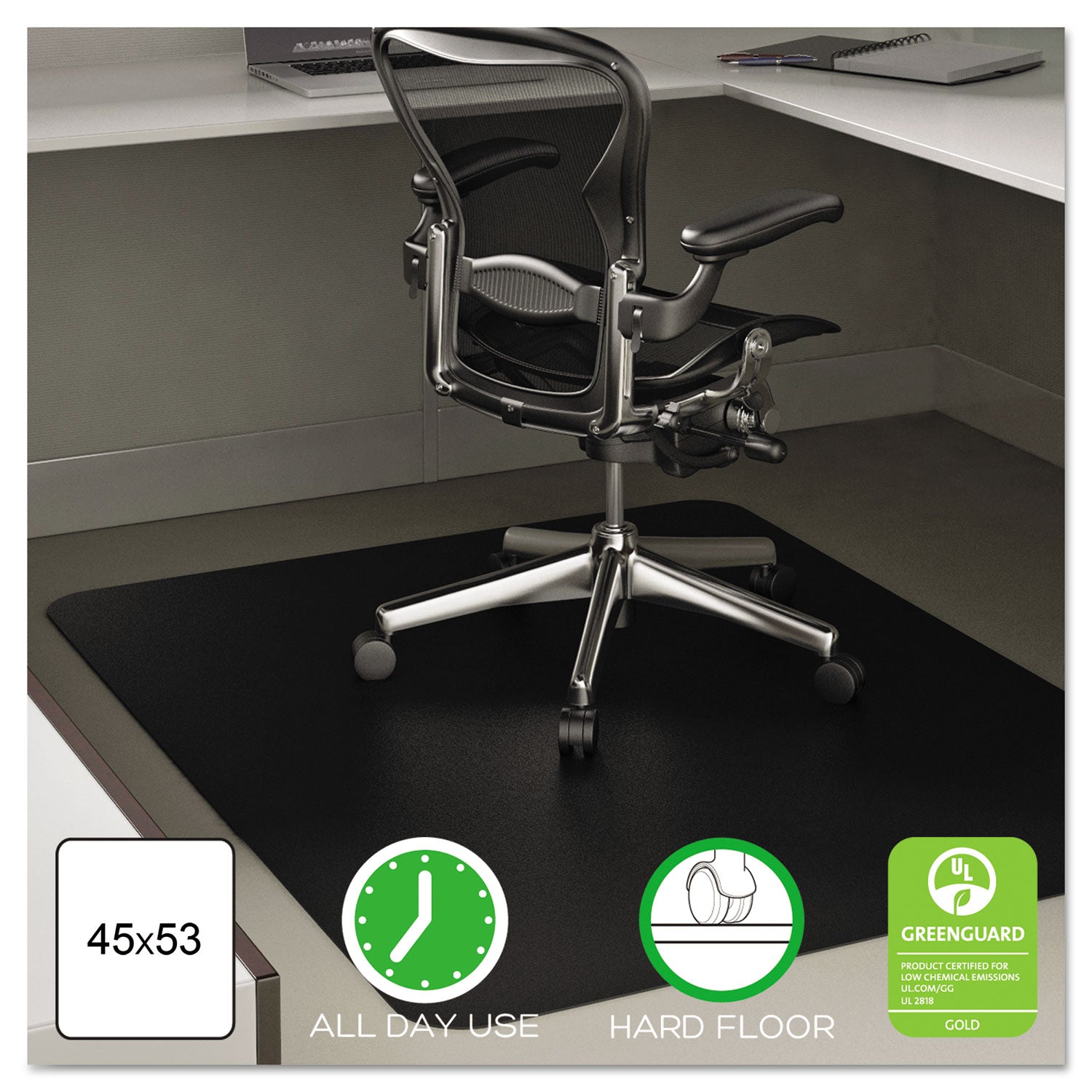 EconoMat All Day Use Chair Mat for Hard Floors, Flat Packed, 45 x 53, Black -