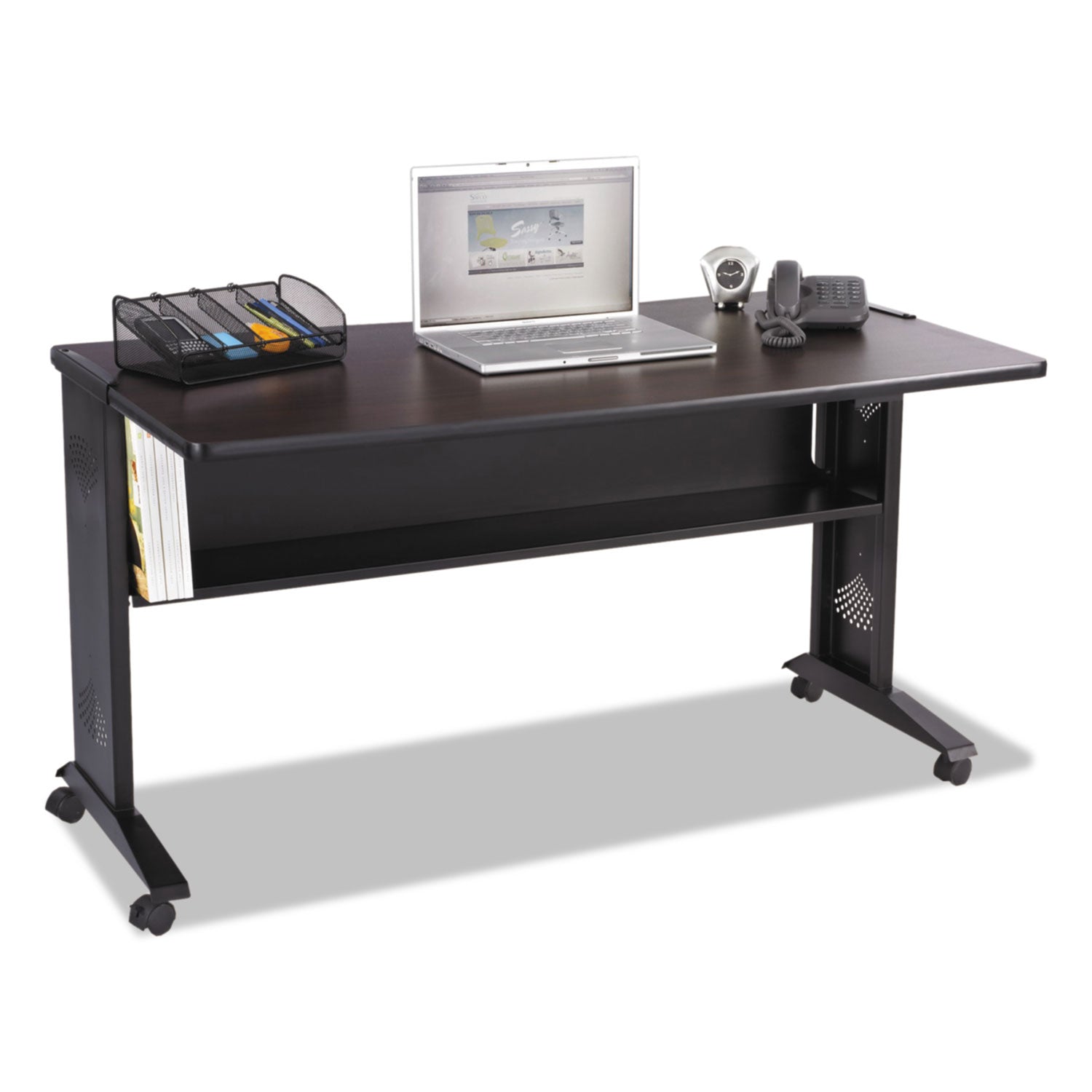 Mobile Computer Desk with Reversible Top, 53.5" x 28" x 30", Mahogany/Medium Oak/Black -