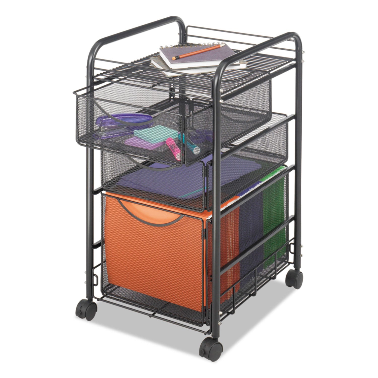 Onyx Mesh Mobile File with Two Supply Drawers, Metal, 1 Shelf, 3 Drawers, 15.75" x 17" x 27", Black -