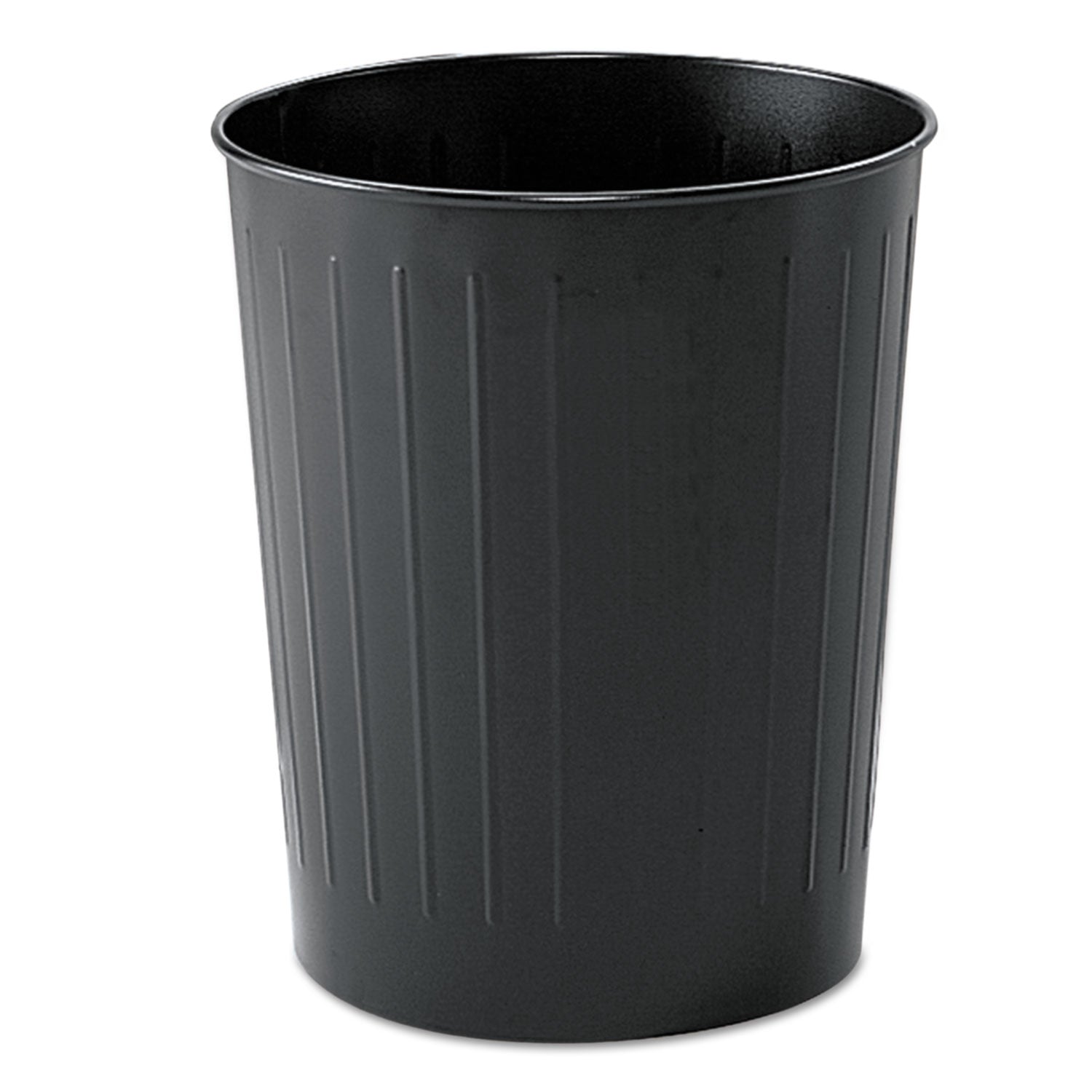 Round Wastebaskets, 6 gal, Steel, Black -