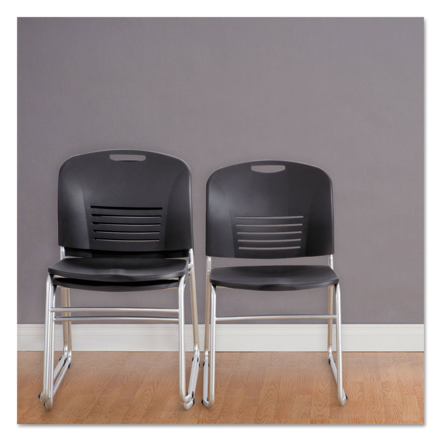 Vy Series Stack Chairs, Supports Up to 350 lb, 18.75" Seat Height, Black Seat, Black Back, Silver Base, 2/Carton -