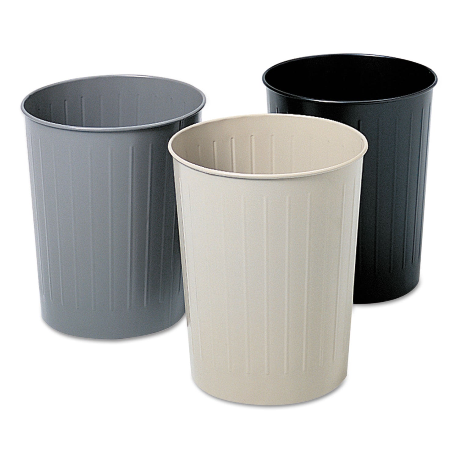 Round Wastebaskets, 6 gal, Steel, Black -