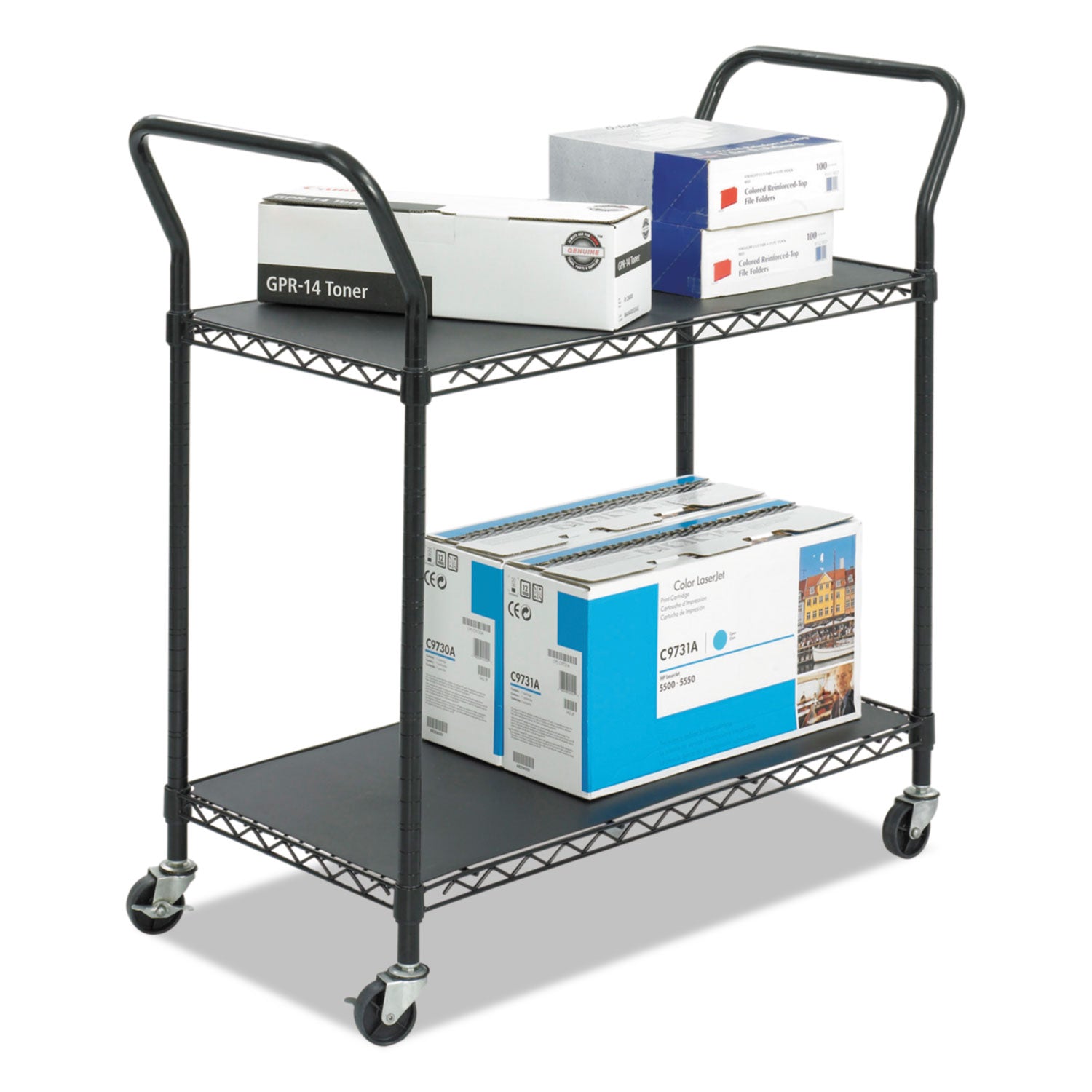 Wire Utility Cart, Metal, 2 Shelves, 400 lb Capacity, 43.75" x 19.25" x 40.5", Black -