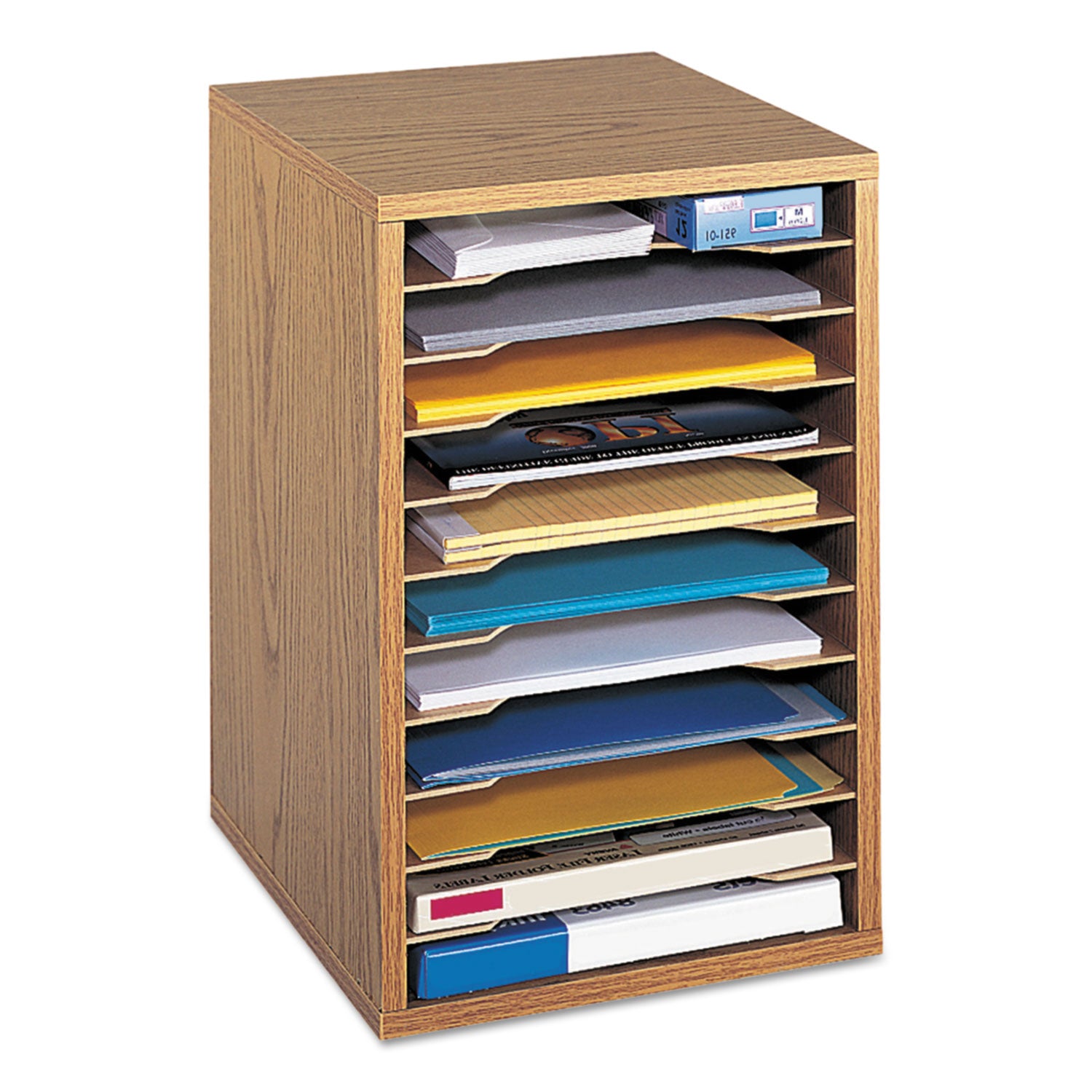 Wood Vertical Desktop Sorter, 11 Compartments, 10.63 x 11.88 x 16, Medium Oak -