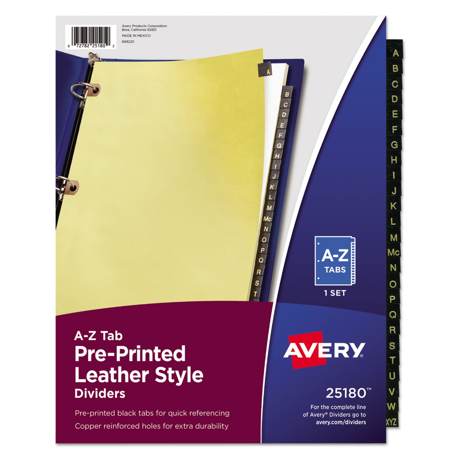Preprinted Black Leather Tab Dividers w/Copper Reinforced Holes, 25-Tab, A to Z, 11 x 8.5, Buff, 1 Set -
