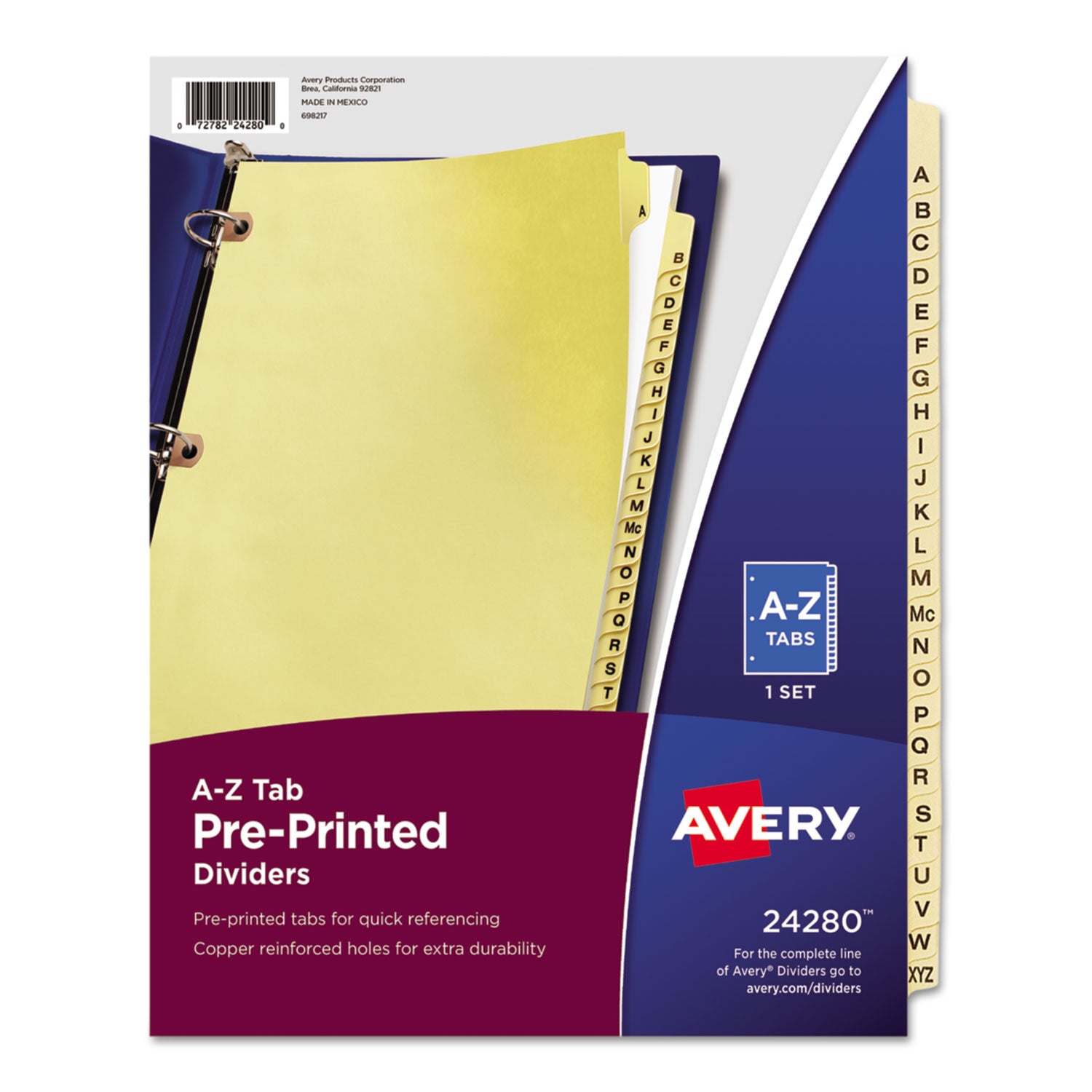Preprinted Laminated Tab Dividers with Copper Reinforced Holes, 25-Tab, A to Z, 11 x 8.5, Buff, 1 Set -