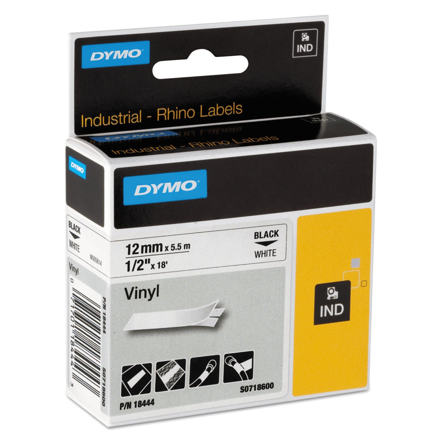 Rhino Permanent Vinyl Industrial Label Tape, 0.5" x 18 ft, White/Black Print -