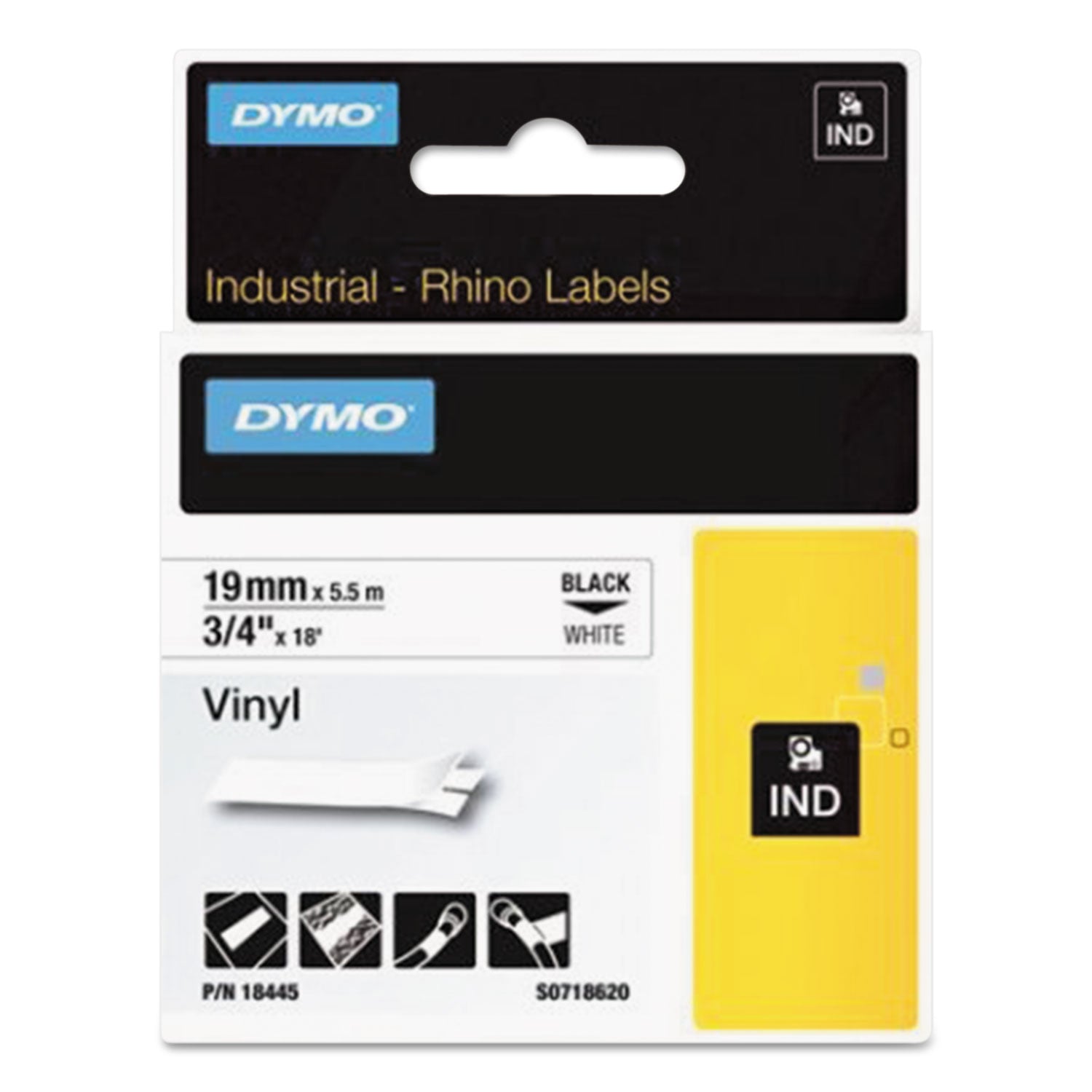 rhino-permanent-vinyl-industrial-label-tape-075-x-18-ft-white-black-print_dym18445 - 1