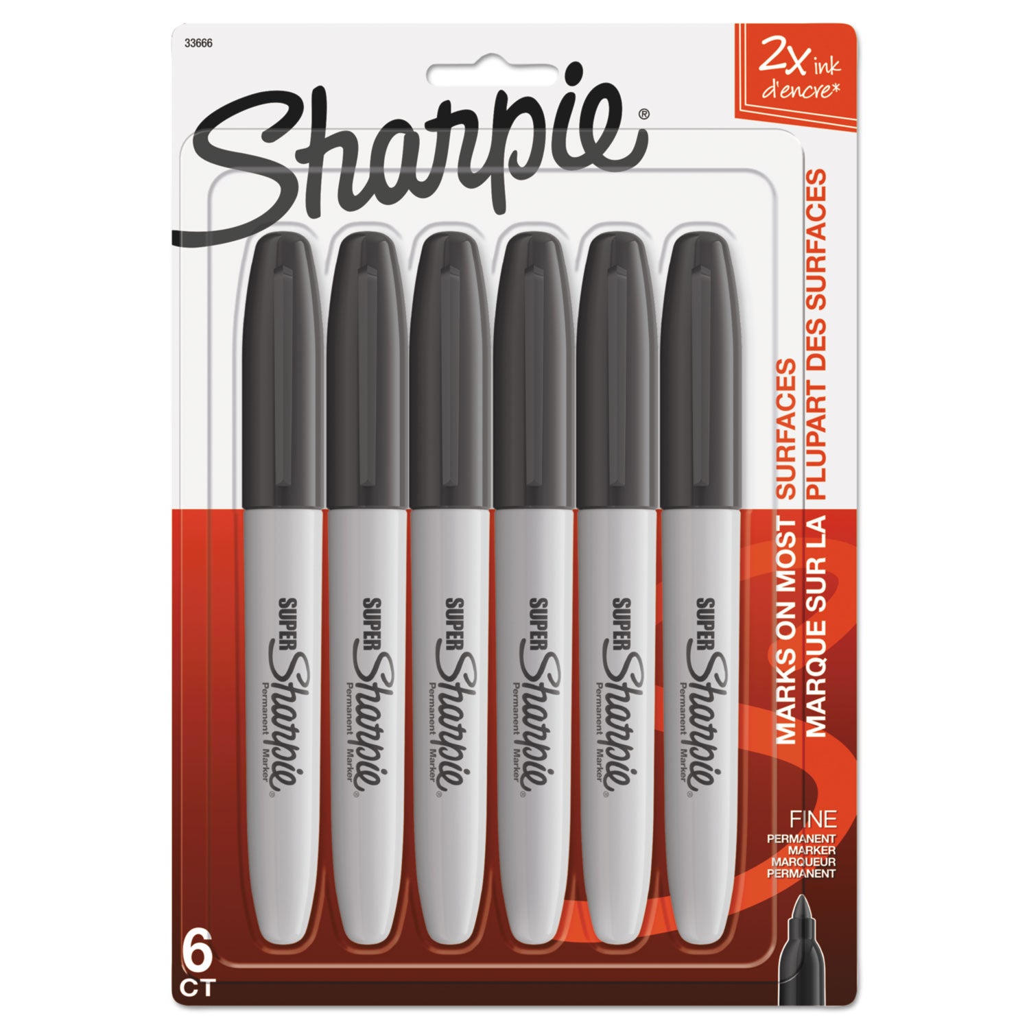 Super Permanent Marker, Fine Bullet Tip, Black, 6/Pack -