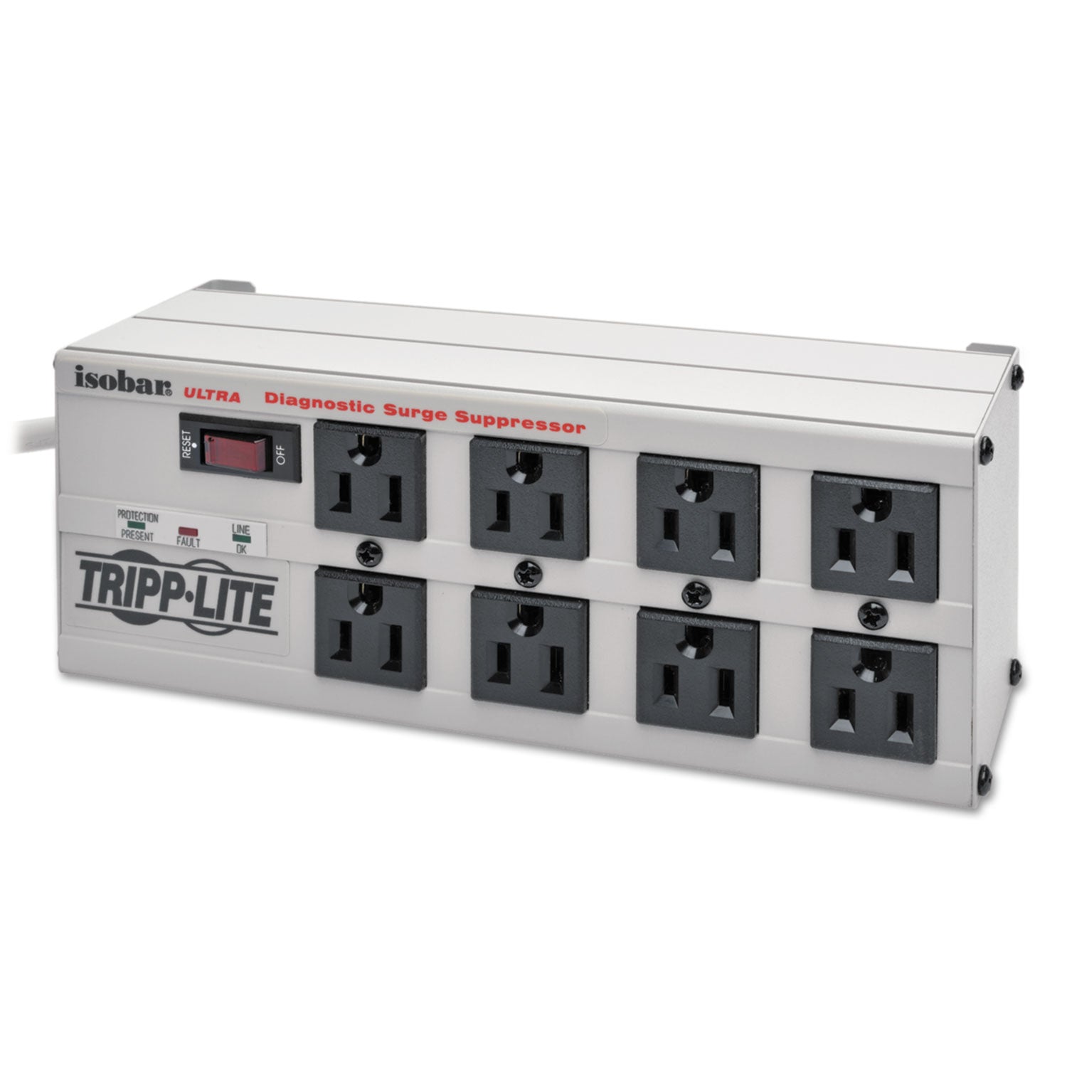 Isobar Surge Protector, 8 AC Outlets, 12 ft Cord, 3,840 J, Light Gray -