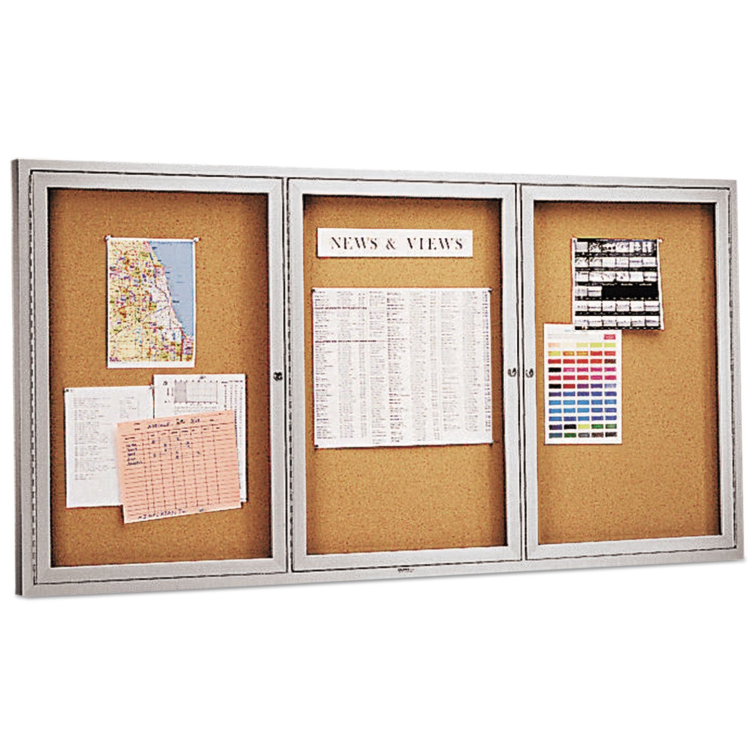 Enclosed Indoor Cork Bulletin Board with Three Hinged Doors, 72 x 36, Tan Surface, Silver Aluminum Frame -