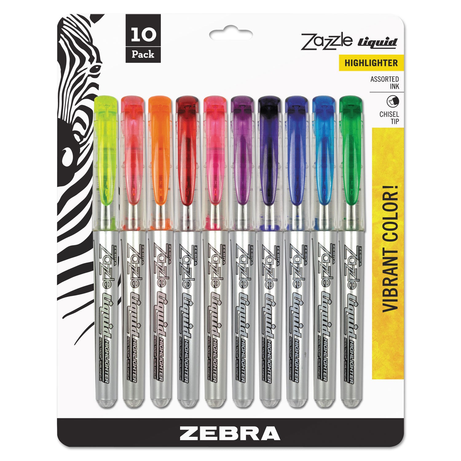 Zazzle Liquid Ink Highlighter, Assorted Ink Colors, Chisel Tip, Assorted Barrel Colors, 10/Set -