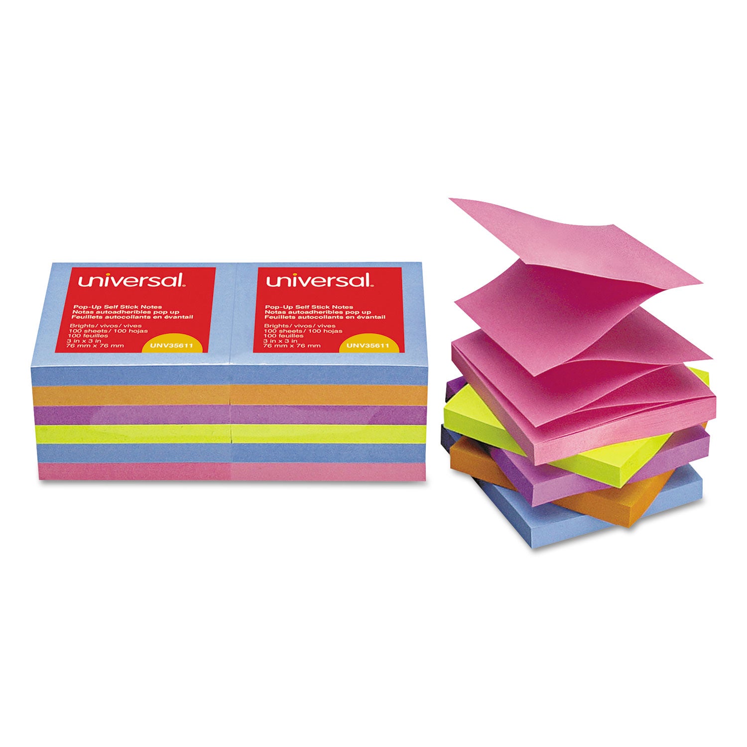 Fan-Folded Self-Stick Pop-Up Note Pads, 3" x 3", Assorted Bright Colors, 100 Sheets/Pad, 12 Pads/Pack -